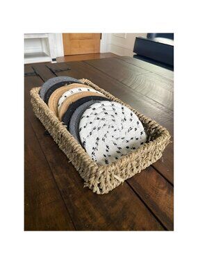 Drink Coasters with Seagrass Basket Holder for Storage Set of 8 Handmade Braided